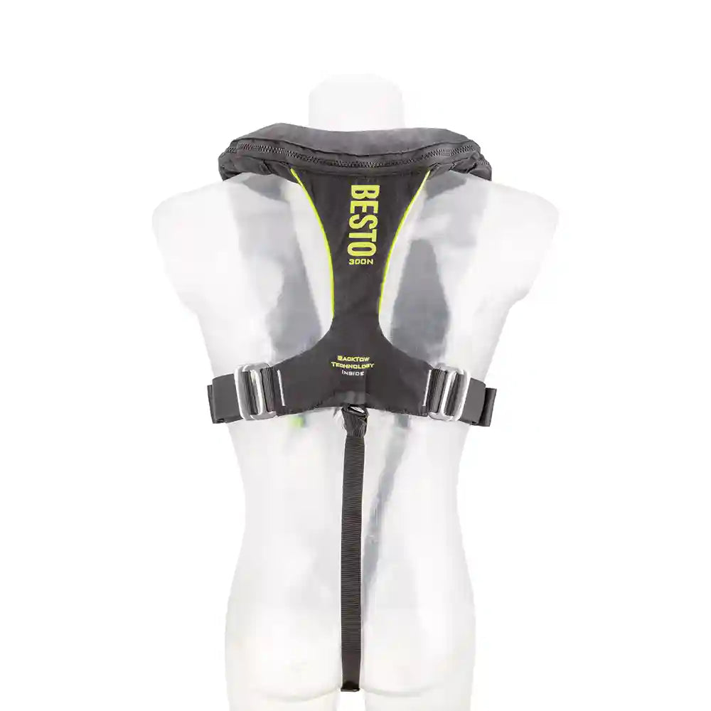 BESTO Rettungsweste Ultimate BackTow 300N - mit Harness, Schrittgurt, Blitzlicht & Sprayhood - UML PRO ELITE - schwarz/gelb