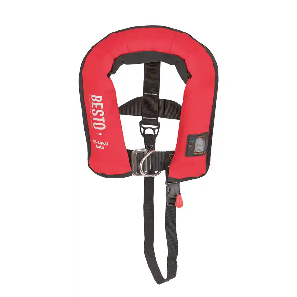 BESTO Rettungsweste Automatic PRO JUNIOR - mit Harness & Schrittgurt - UML PRO ELITE Auslöser - rot