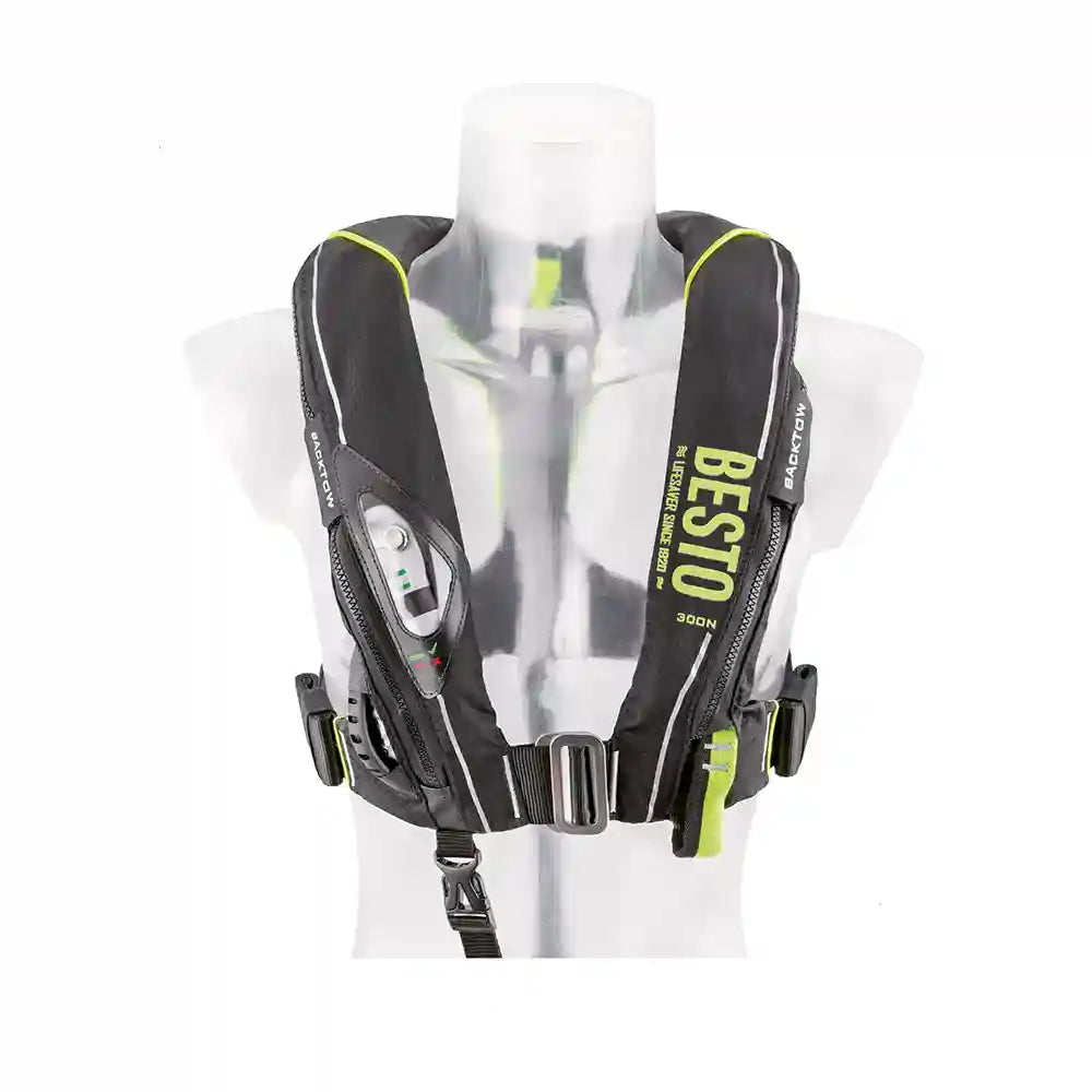 BESTO Rettungsweste Ultimate BackTow 300N - mit Harness, Schrittgurt, Blitzlicht & Sprayhood - UML PRO ELITE - schwarz/gelb