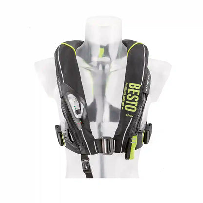 BESTO Rettungsweste Ultimate BackTow 300N - mit Harness, Schrittgurt, Blitzlicht & Sprayhood - UML PRO ELITE - schwarz/gelb