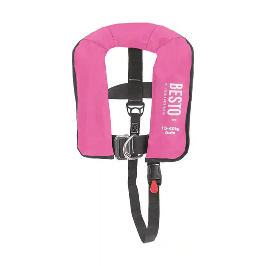 BESTO Rettungsweste Automatic JUNIOR - mit Harness & Schrittgurt - UML Auslöser - pink